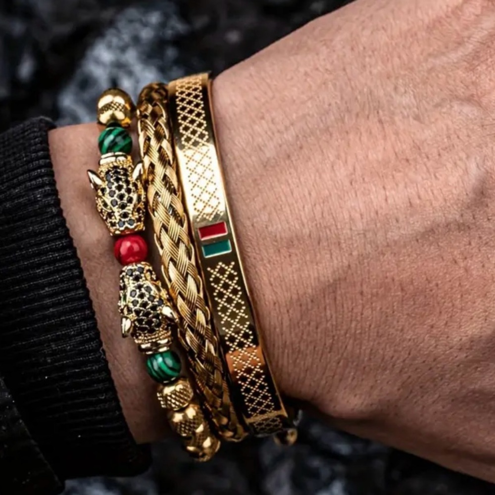 Bold 3-Piece Men's Gold & Black Leopard Bracelet Set - Picture 2 of 3